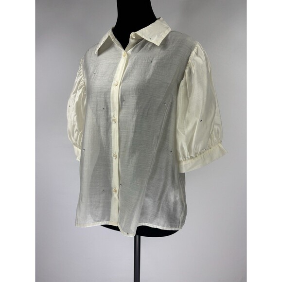 Bailey 44 Sheer Button Down Cream Medium Rhinestones Sparkle Short Puff Sleeve - Picture 9 of 9